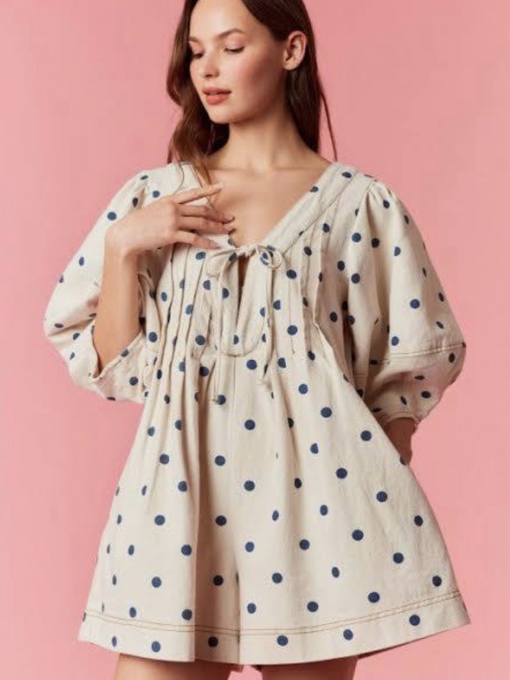 Peach Love Sweet Denim Polka Dot Loran Cream Romper - Picture 3 of 12